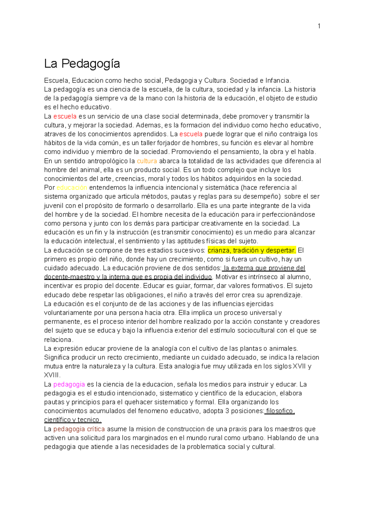 Pedagogia resumen - La Pedagogía Escuela, Educacion como hecho social ...