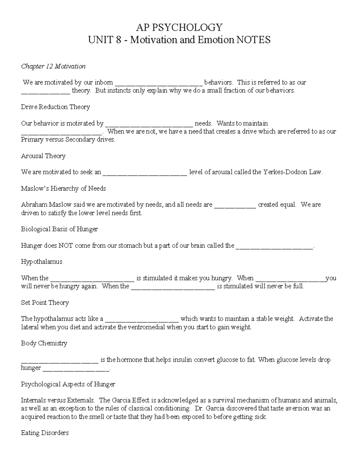 AP PSYCHOLOGY UNIT 8 Motivation and Emotion NOTES - Studocu