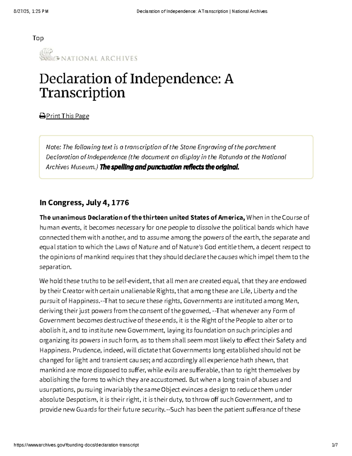 1:25 PM Declaration of Independence: Transcription from National ...