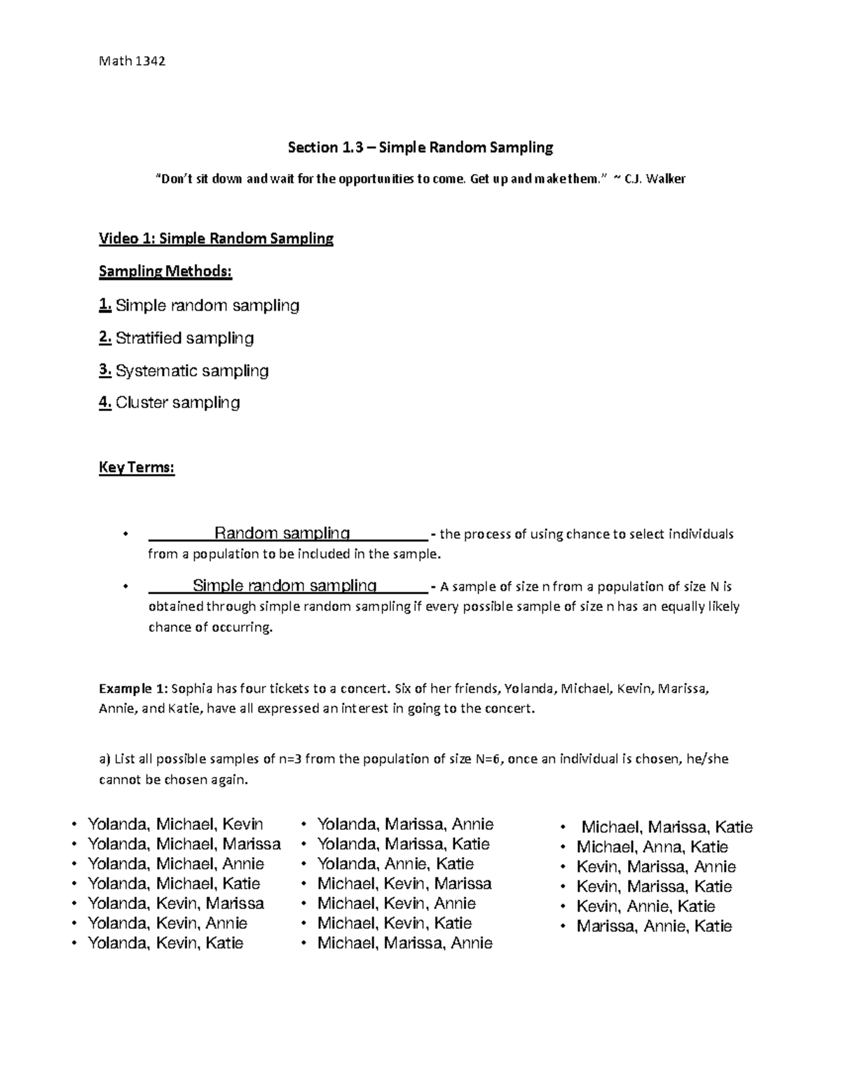 Math 1342 Final Exam Notes: Section 1.3 Simple Random Sampling - Studocu