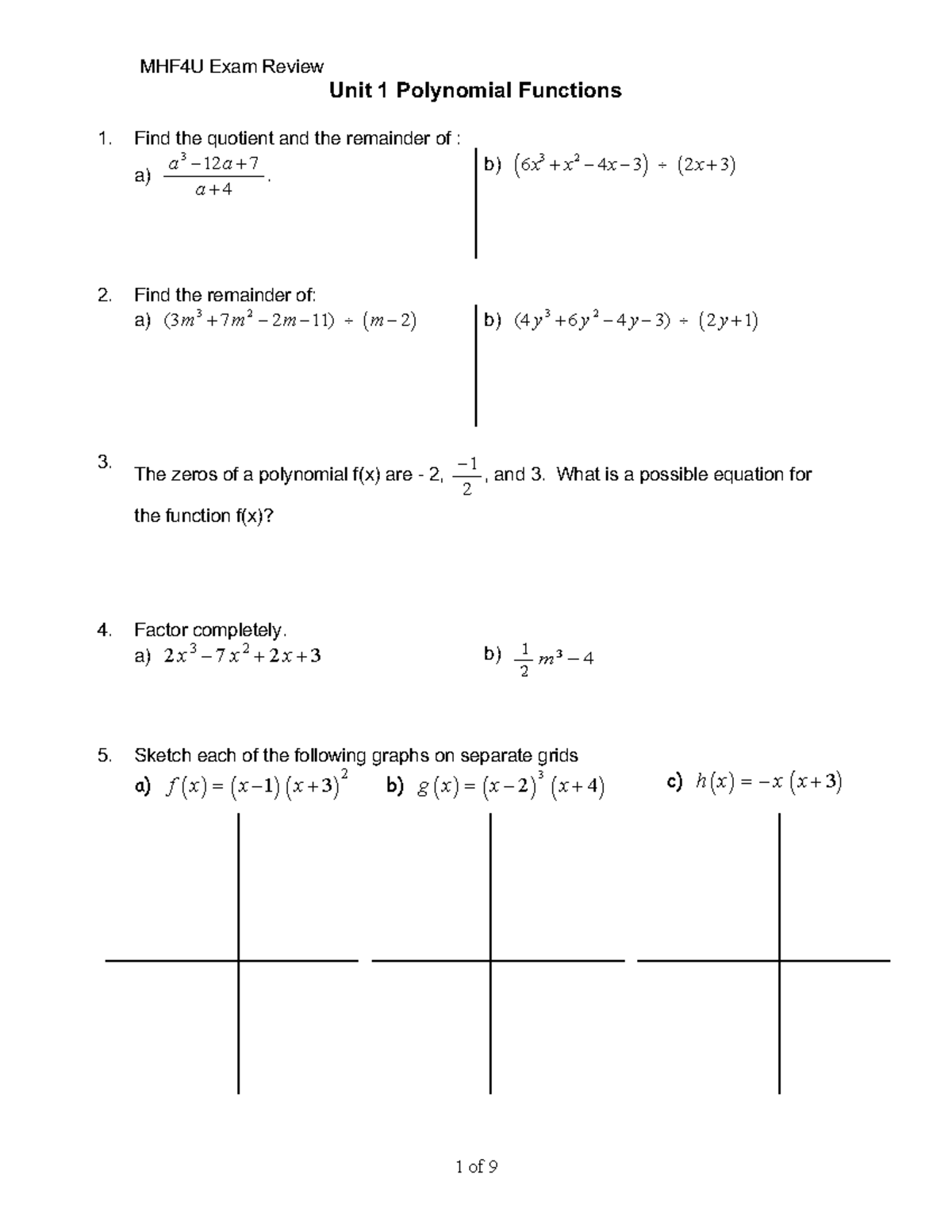 Advanced Functions Exam Review - Unit 1 Polynomial Functions 1. Find ...