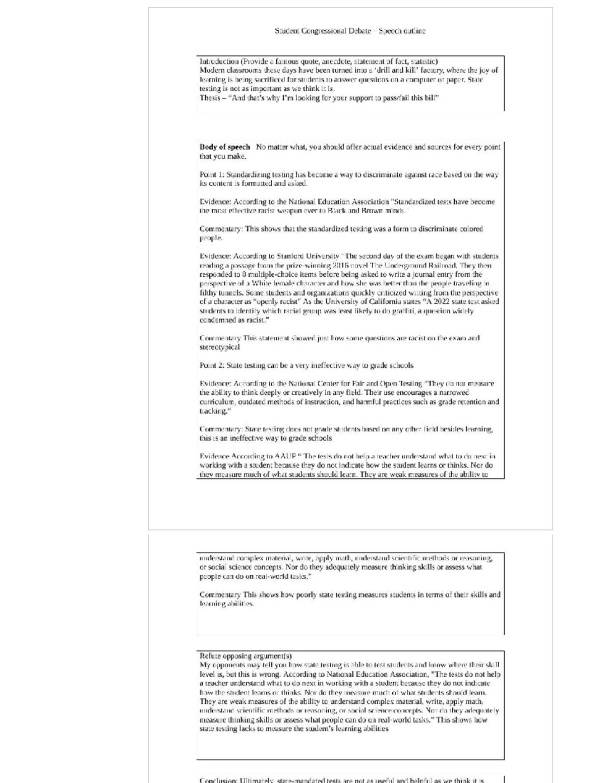 Student Congressional Debate Speech Outline: The Flaws of State Testing ...