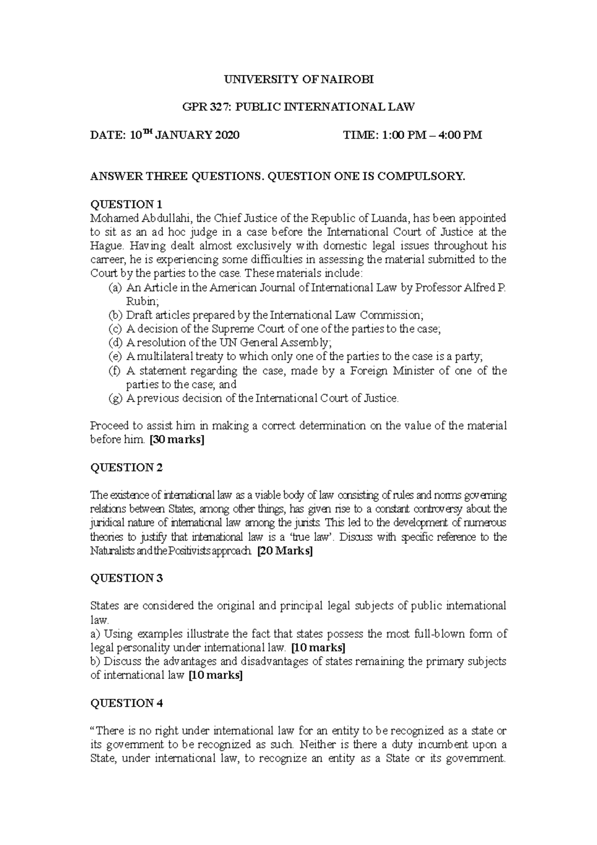 GPR 327: Public International Law Final Exam Questions Analysis - Studocu