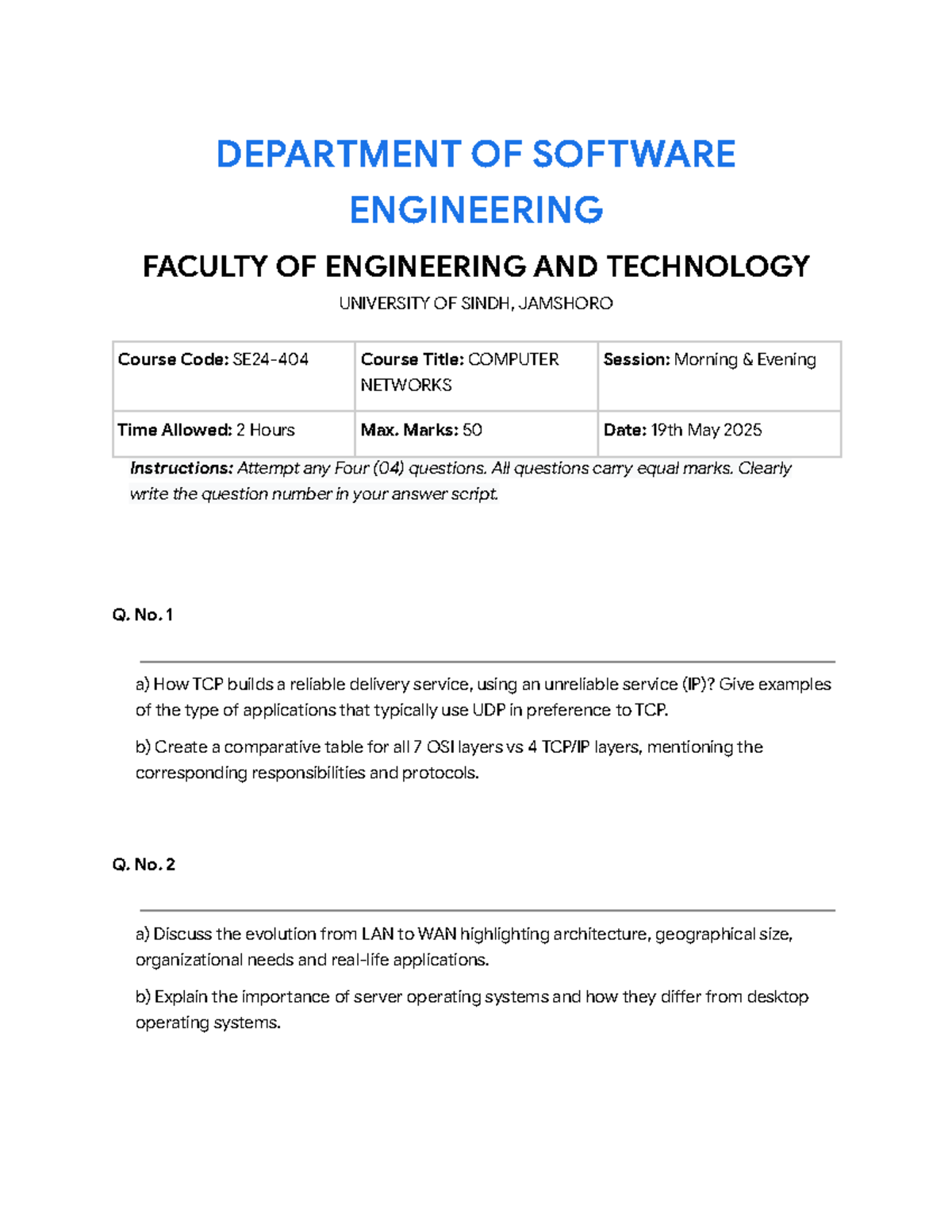 Computer Networks Past Paper - SE24-404 (May 2025) - Studocu
