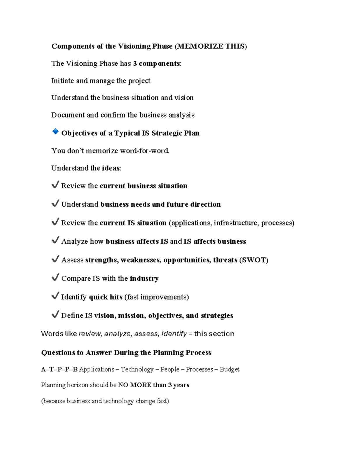 Lecture 5 Notes: Components of the Visioning Phase (MEMORIZE THIS ...
