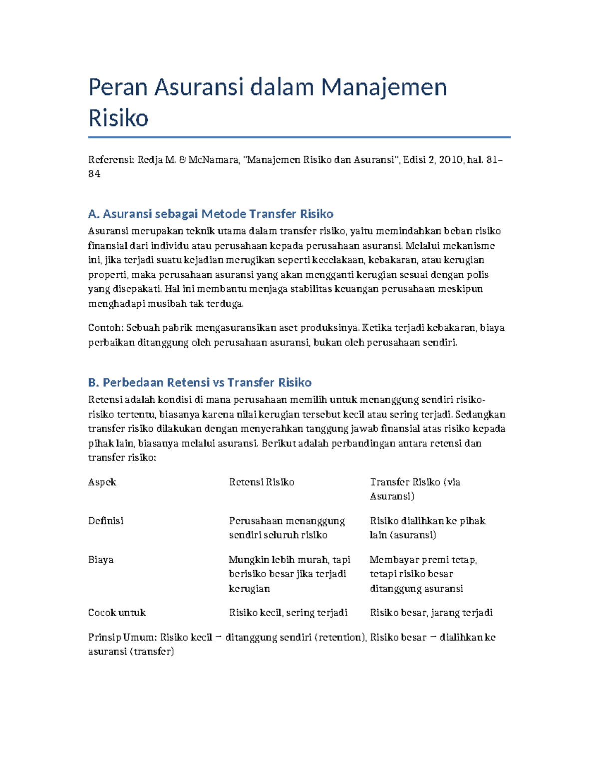 Peran Asuransi dalam Manajemen Risiko: Transfer vs Retensi Risiko - Studocu