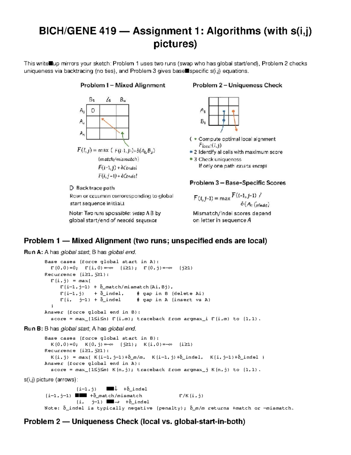 BICH GENE 419 Assignment 1: Algorithms with s(i,j) Visuals - Studocu