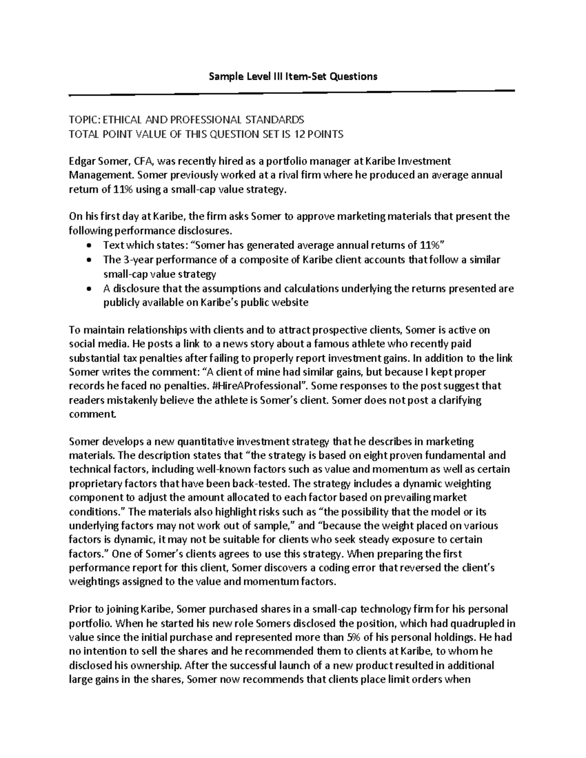 CFA Level III Sample Item-Set Questions on Ethical Standards - Studocu