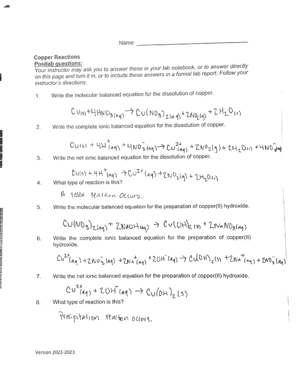 Lab 12: Copper Reactions Analysis and Observations - Studocu