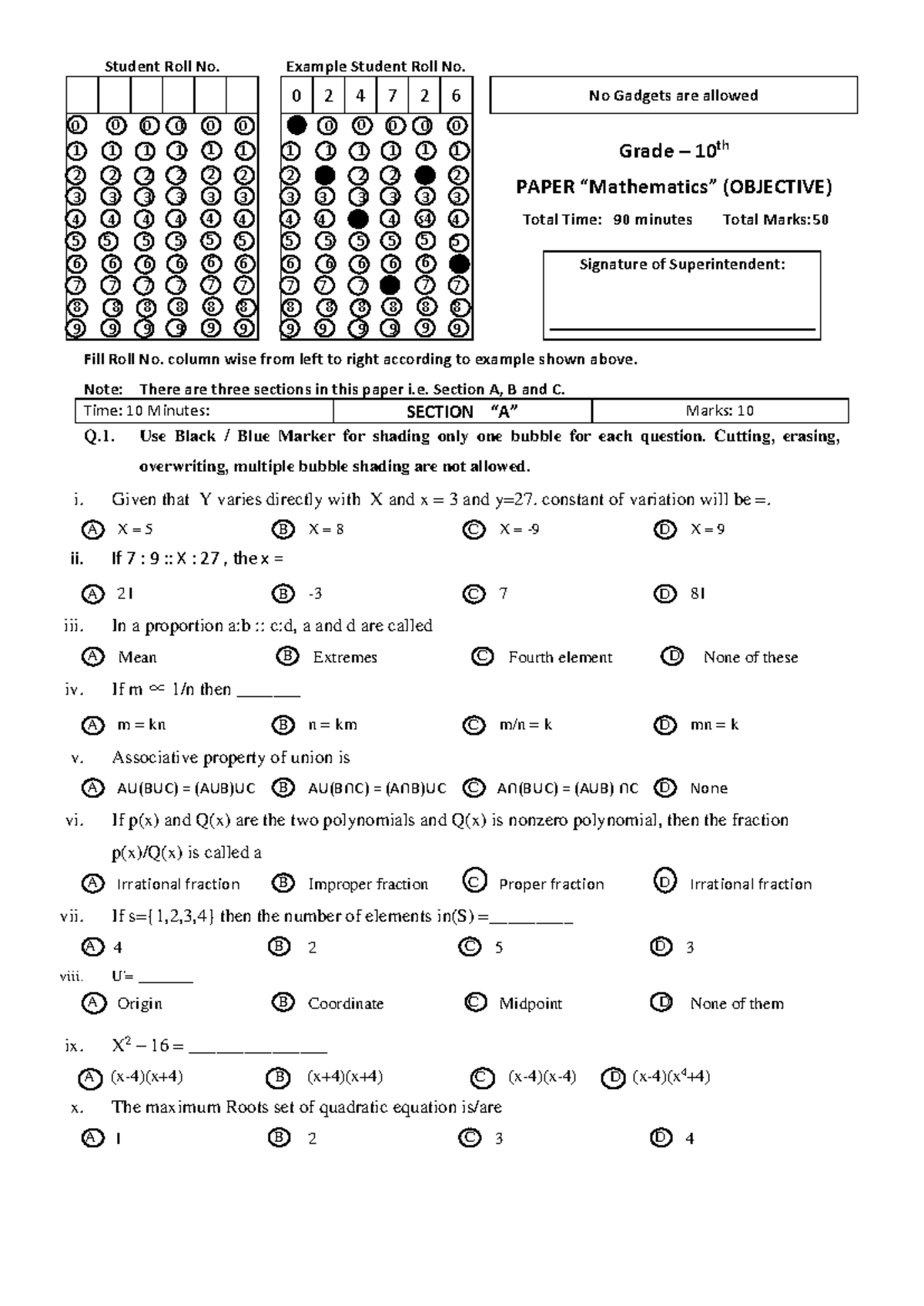 grade 10 math paper - Student Roll No. Example Student Roll No. 0 2 4 7 ...