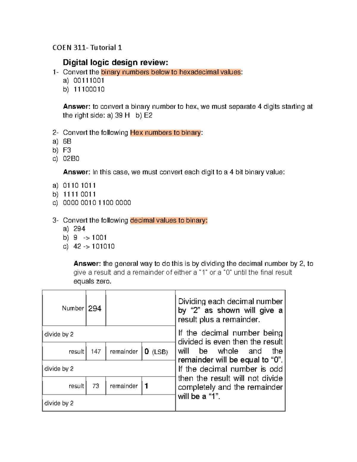 coen 311 Tutorial 1 - with solutions - COEN 31 1 - Tutorial 1 Digital ...