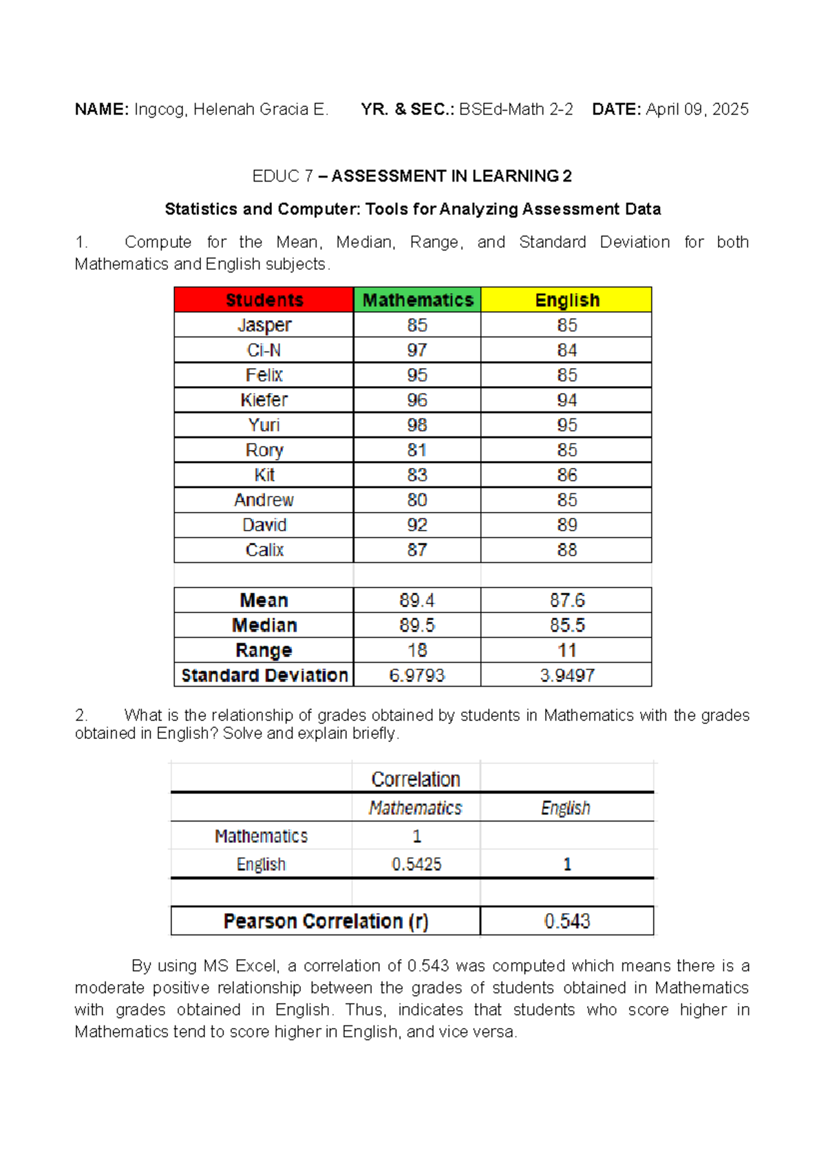 EDUC 7: Assessment in Learning 2 - Excel Stats Activity - Studocu