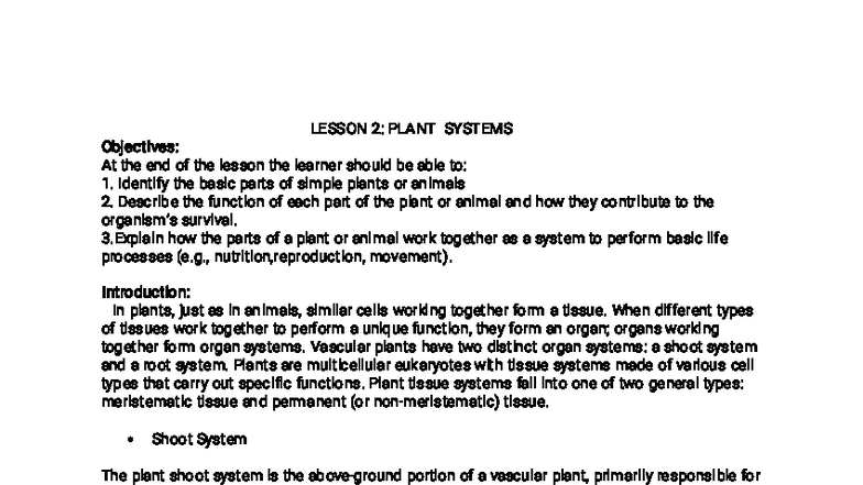 Module 2 GEN Science: Lesson 2 - Plant Systems Overview - Studocu