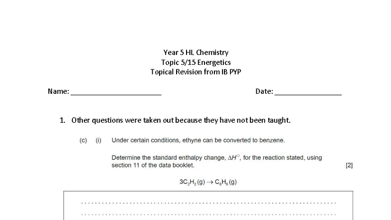 IB Topical Revision 5:15 Energetics with answers - Year 5 HL Chemistry ...