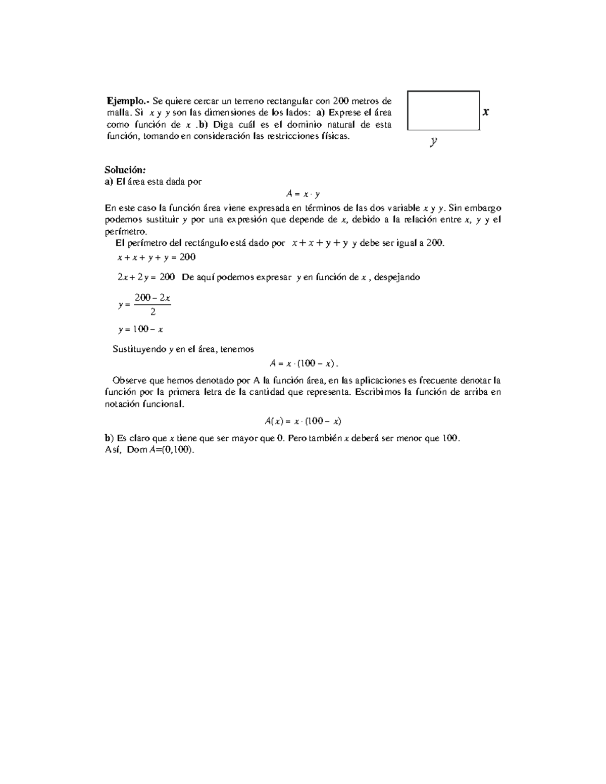 Modelado de Funciones Rectangulo - Solución: a) El área esta dada por A ...
