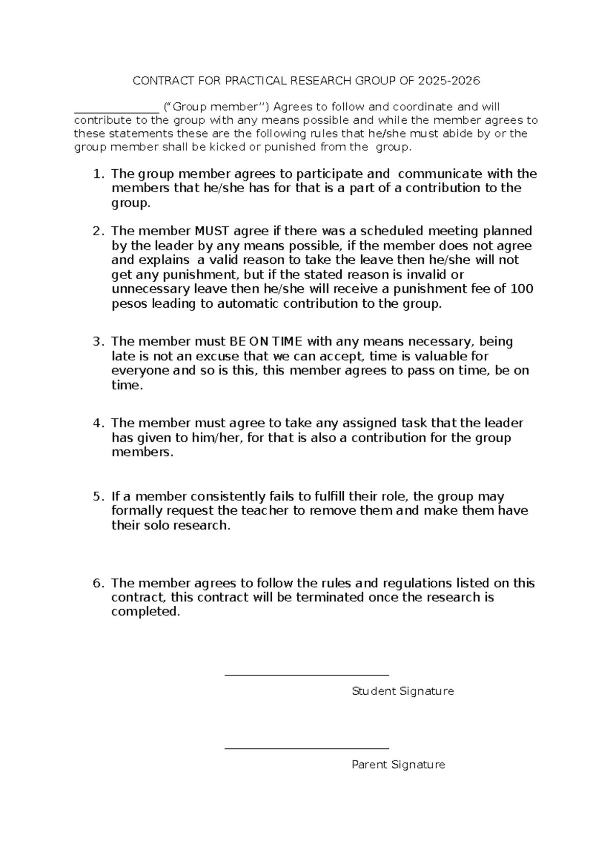 Contract for Practical Research Group - Rules & Responsibilities - Studocu