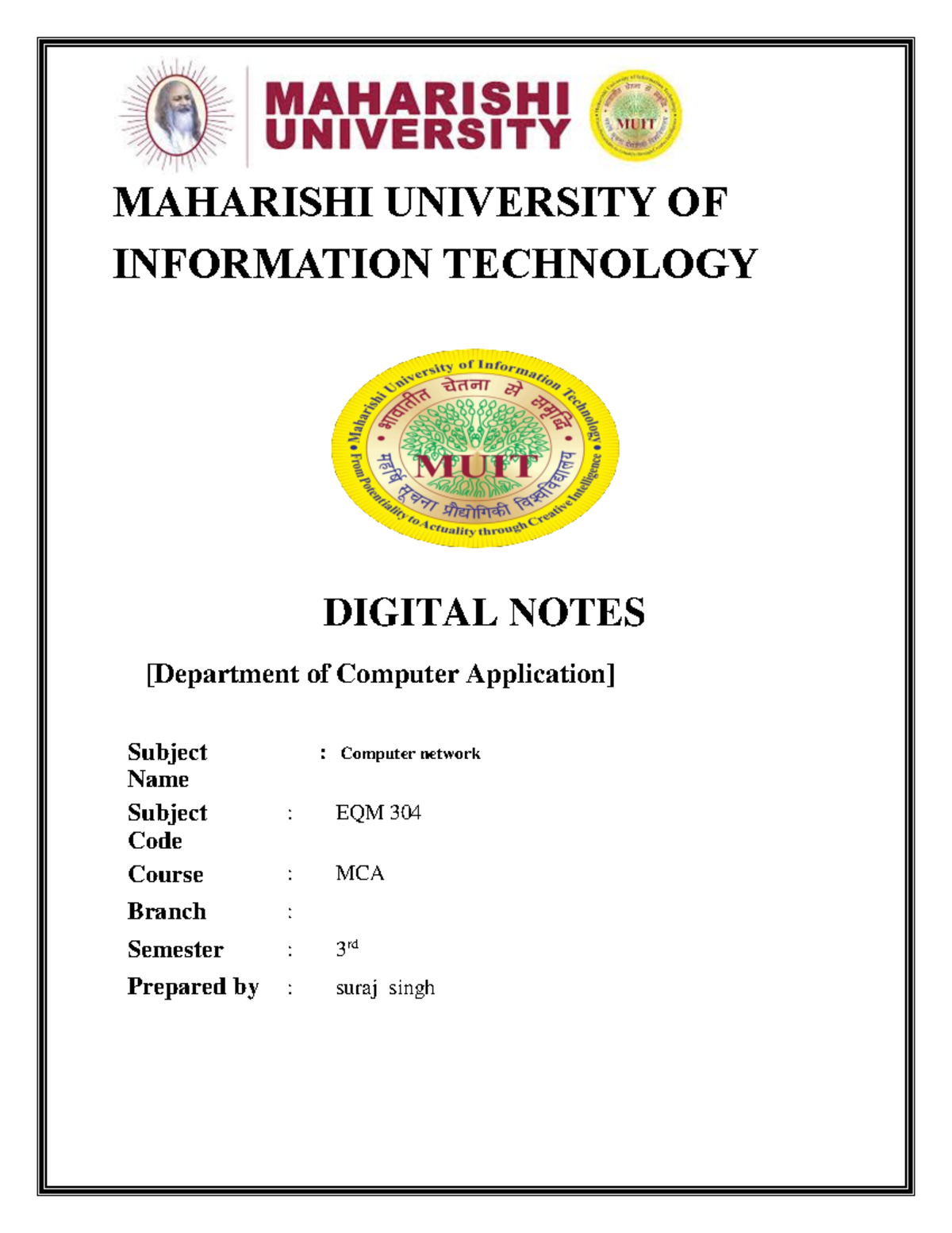 Computer Networks Notes - EQM 304 - MCA 3rd Sem (Unit 1) - Studocu