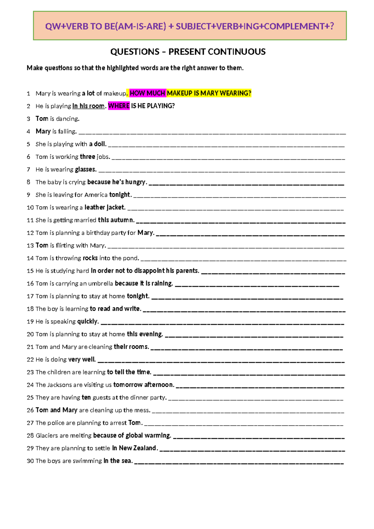 Present Continuous Questions - Practice Exercises and Answers - Studocu