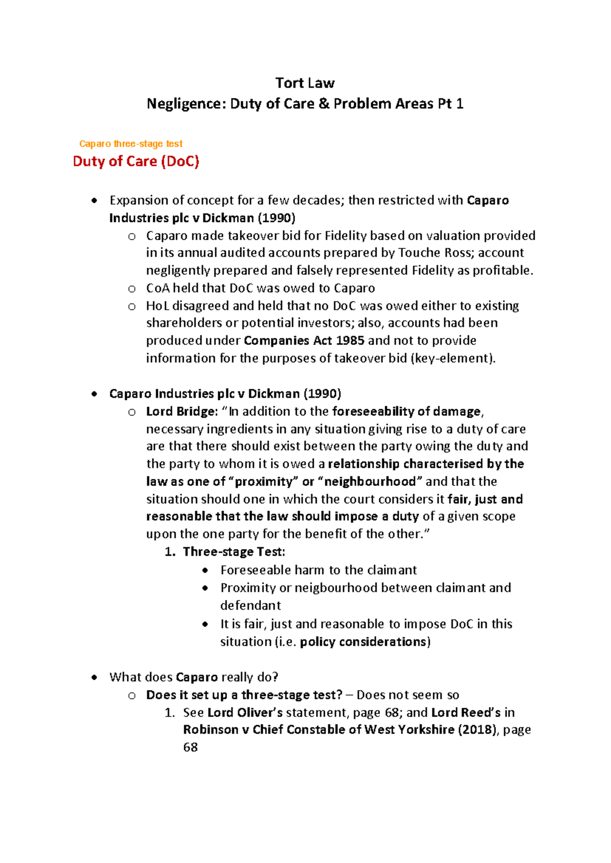 Tort Lecture 1 Part 2 - tort - Tort Law Negligence: Duty of Care ...