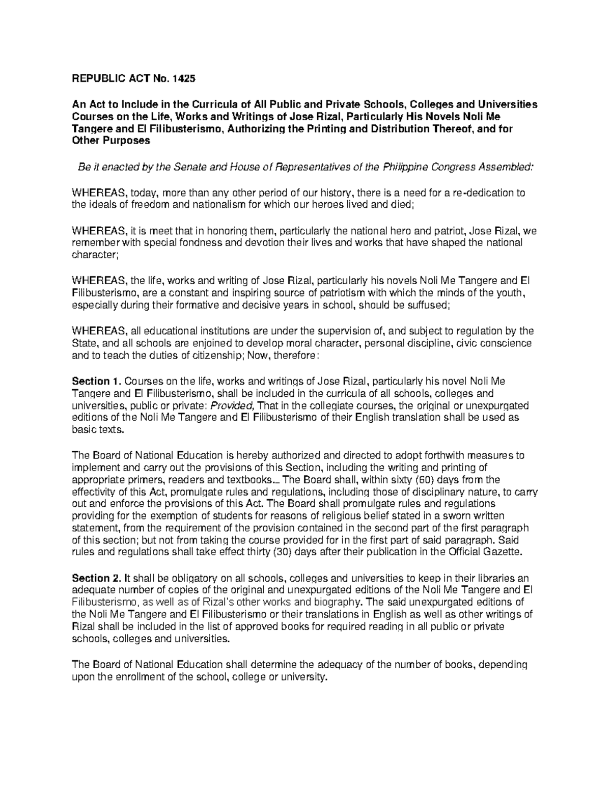 Republic ACT No 1425 - Notes - REPUBLIC ACT No. 1425 An Act to Include ...