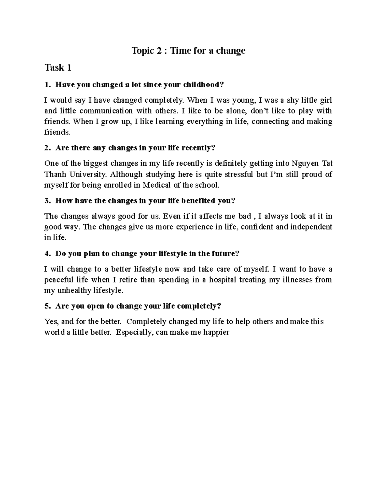 Topic 2 - Time for a change - Topic 2 : Time for a change Task 1 1 ...
