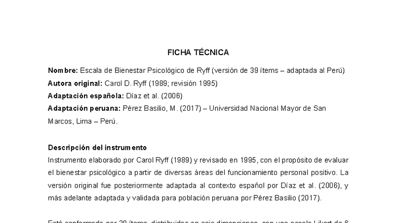 Interpretación de la Escala de Bienestar Psicológico de Ryff (39 ítems) - Document Preview