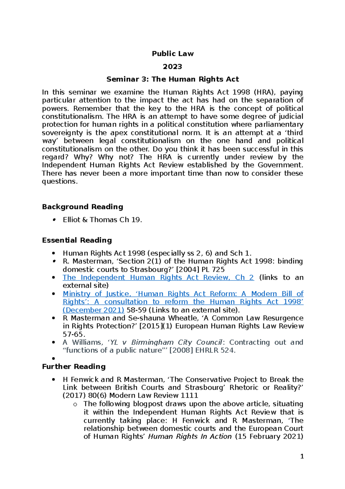 Public law seminar 3 - Public Law 2023 Seminar 3: The Human Rights Act ...