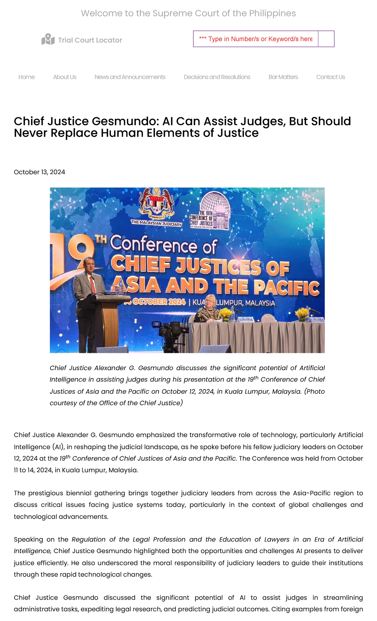 Chief Justice Gesmundo: AI's Role in Justice - 19th Chief Justices Conf ...