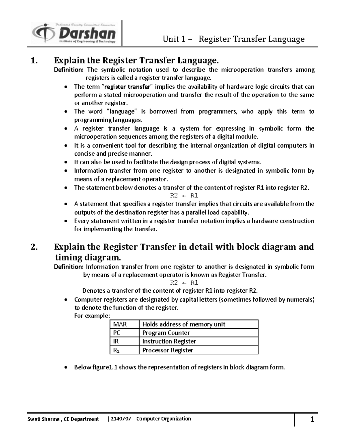 Unit 1: Register Transfer Language Overview - CE 2140707 - Studocu