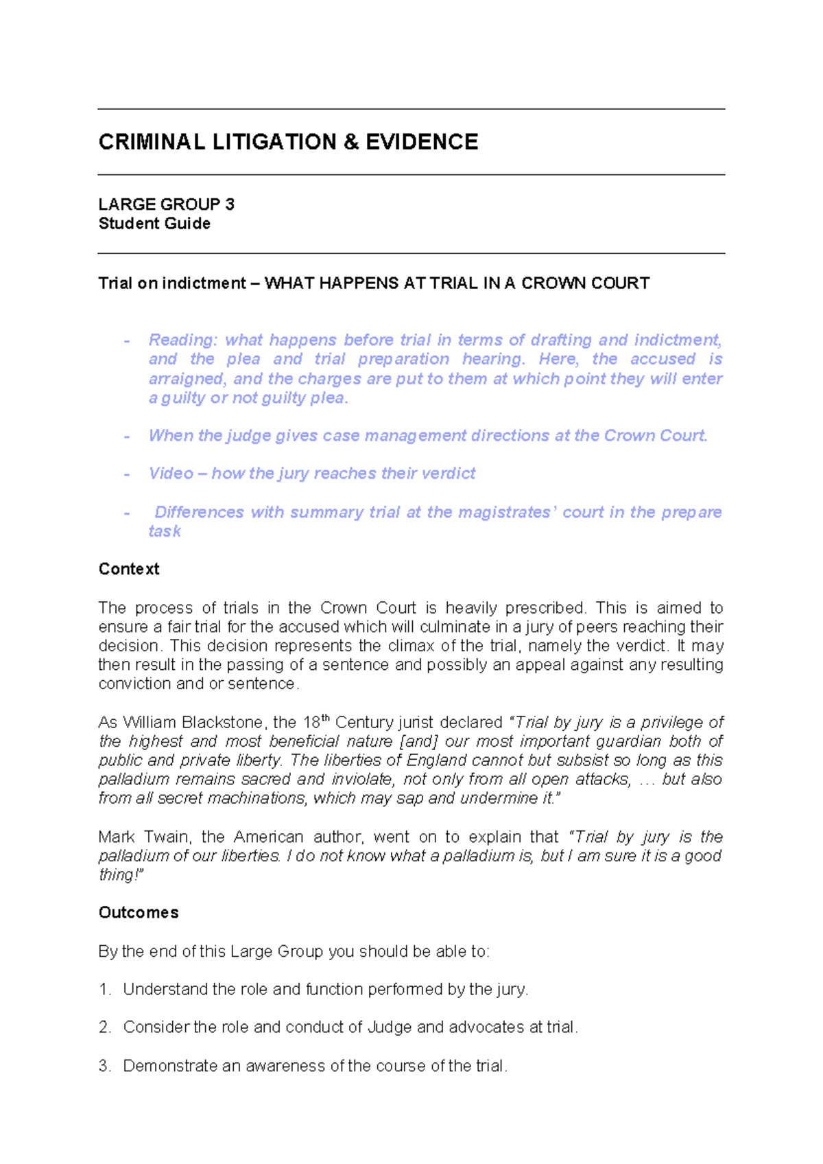 CRIMINAL LITIGATION EVIDENCE LG3 Student Guide: Crown Court Trial ...