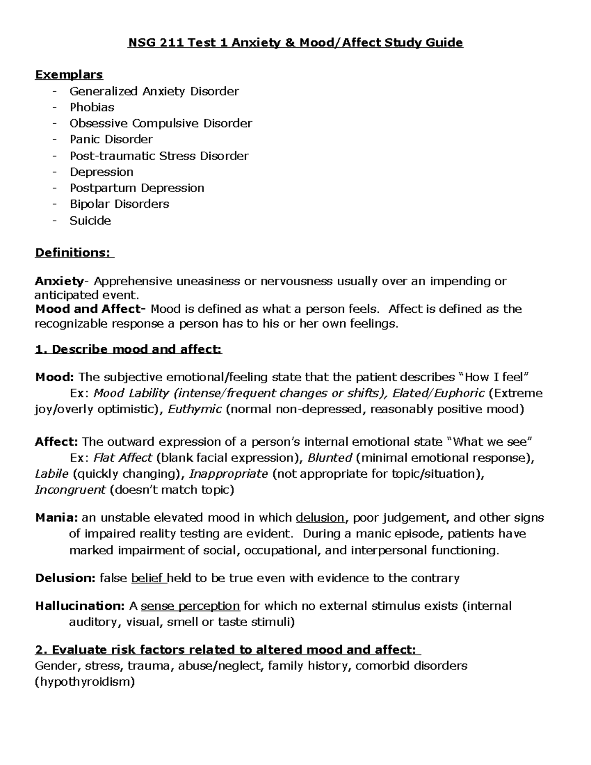 NSG 211 Test 1 Study Guide: Anxiety and Mood Disorders Overview - Studocu