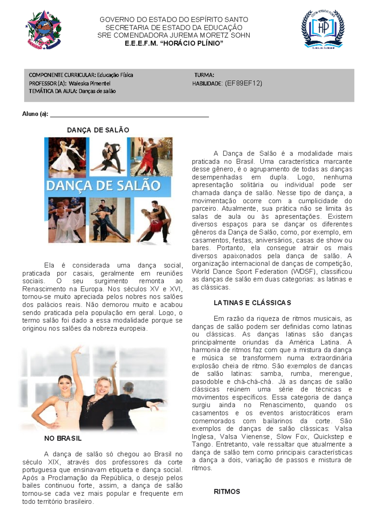 Educação Física 8º e 9º Ano: Dança de Salão e sua Avaliação - Studocu
