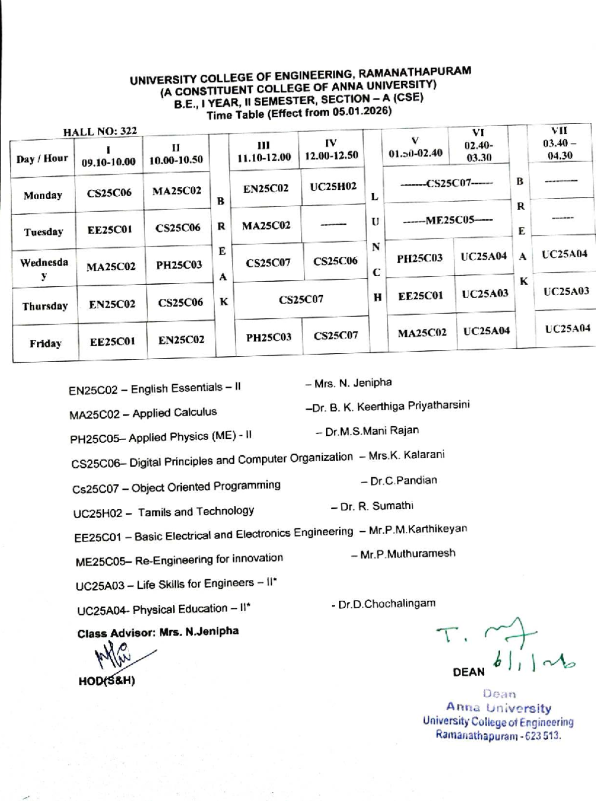 B.E. I Year II Semester Time Table (CSE, MECH, CIVIL) - 05.01.2026 ...