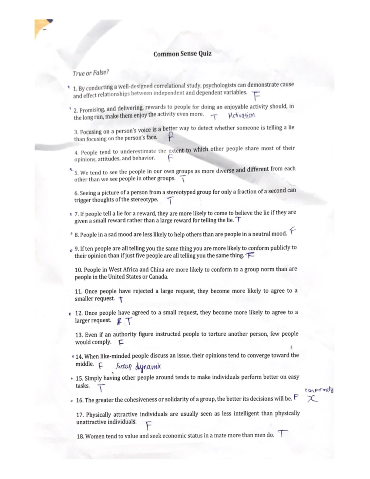 Common Sense Quiz 1 - Quiz at class - Common Sense Quiz True or False ...