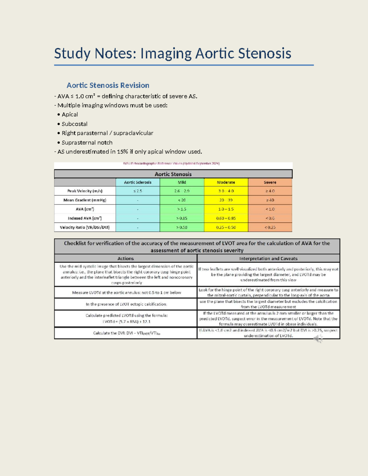 Study Notes: Imaging Aortic Stenosis (AVA) and Classification of AS ...