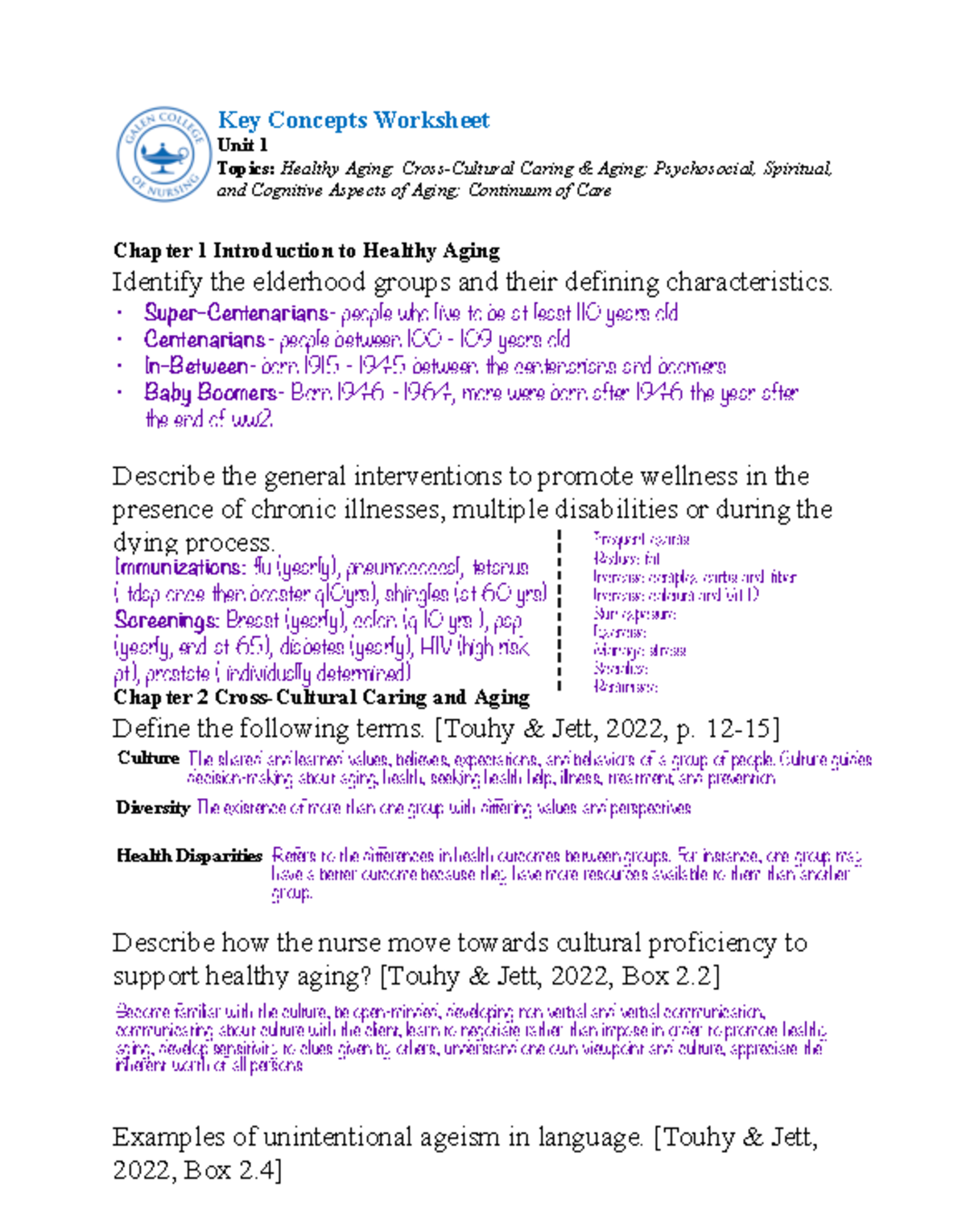 Unit1…chronic - Notes - Key Concepts Worksheet Unit 1 Topics: Healthy ...