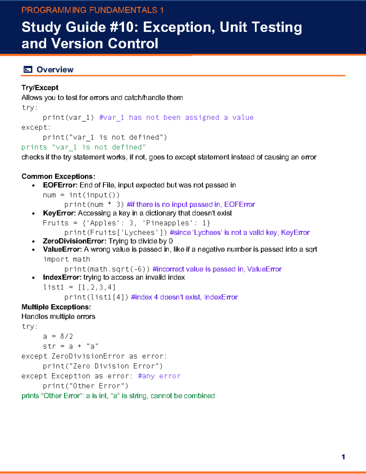Study Guide for COP3502C: Exception Handling, Unit Testing & Git ...