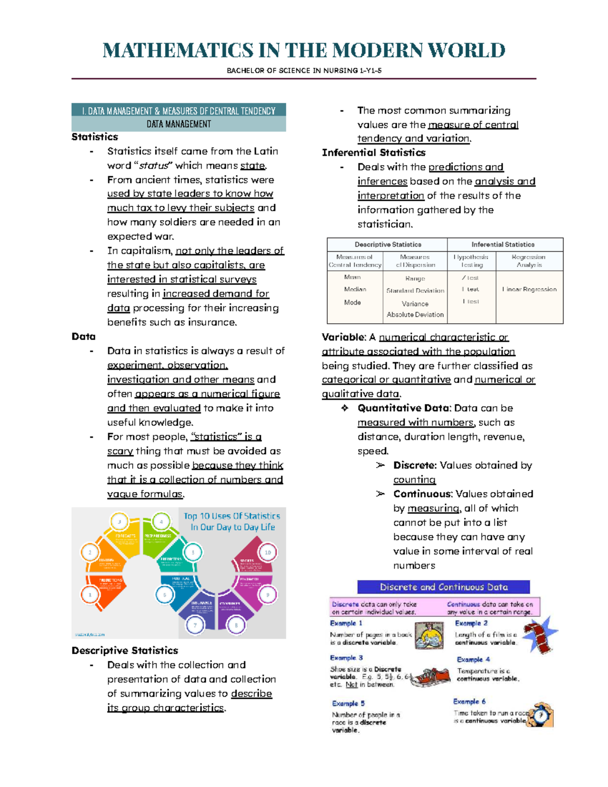MATM 101 Midterm Review: Data Management & Statistics Concepts - Studocu