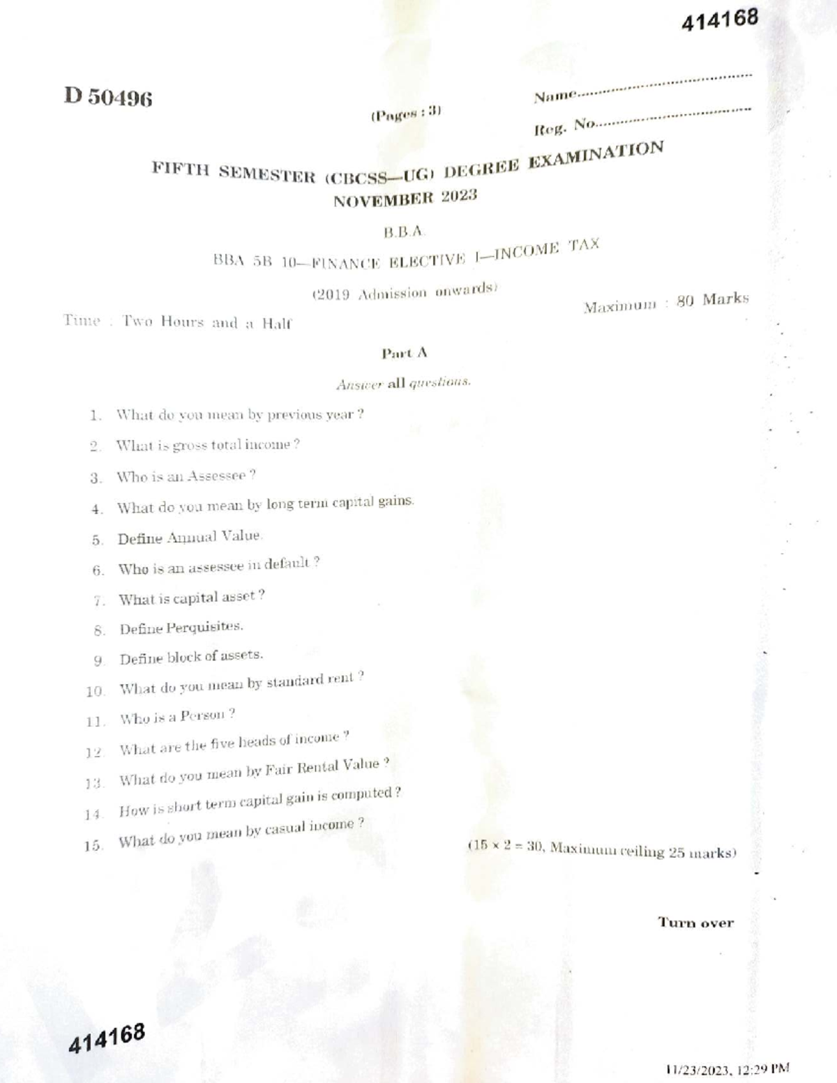 5th Sem BBA Final Exam: Income Tax Notes - Nov 2023 - Studocu