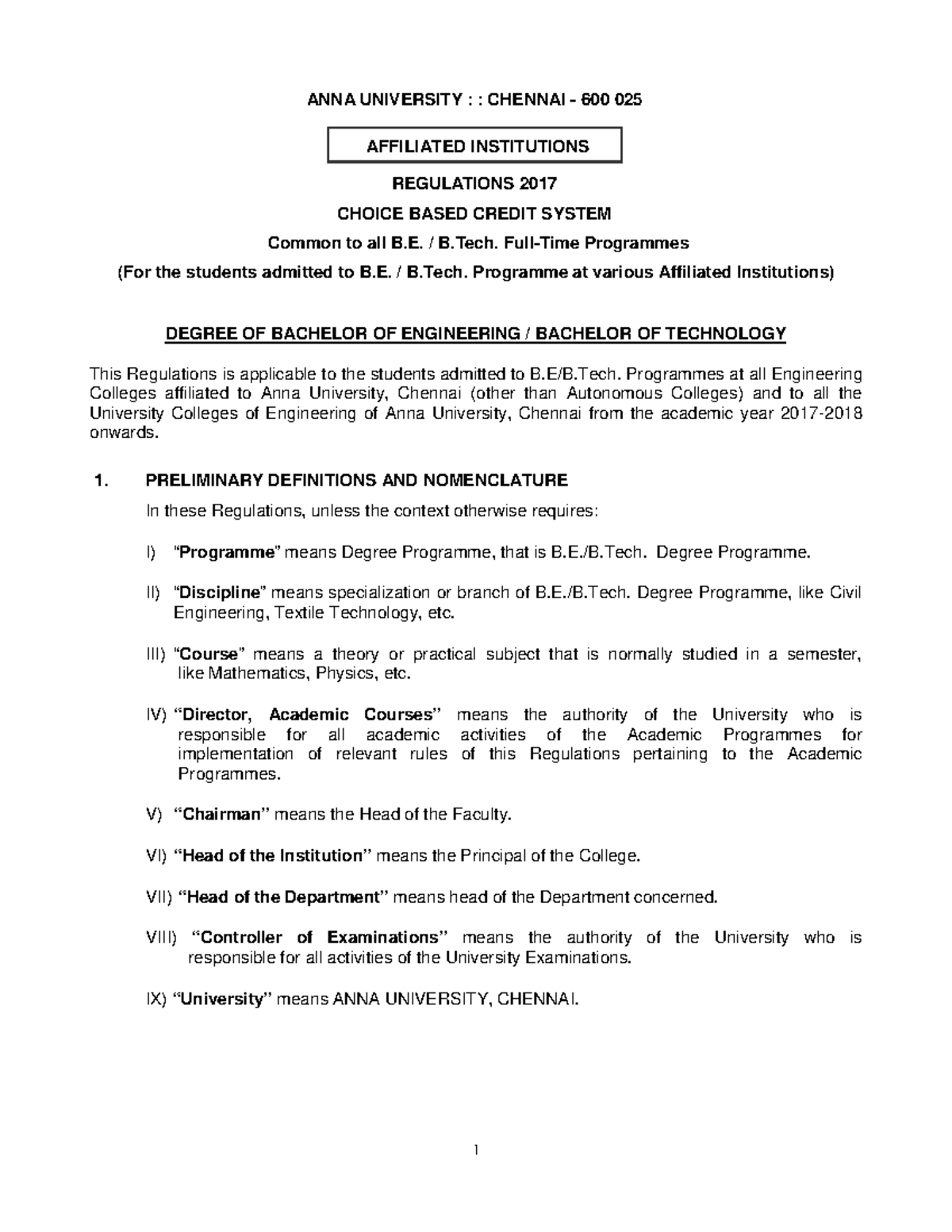 Anna University B.E. B.Tech. Regulations 2017: Choice Based Credit ...