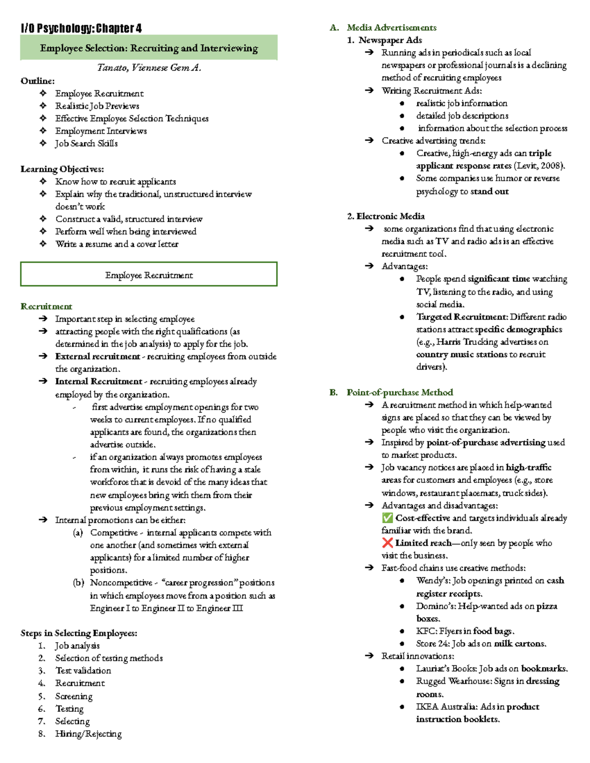 IO 101: Chapter 4 - Employee Selection: Recruiting & Interviewing Notes ...