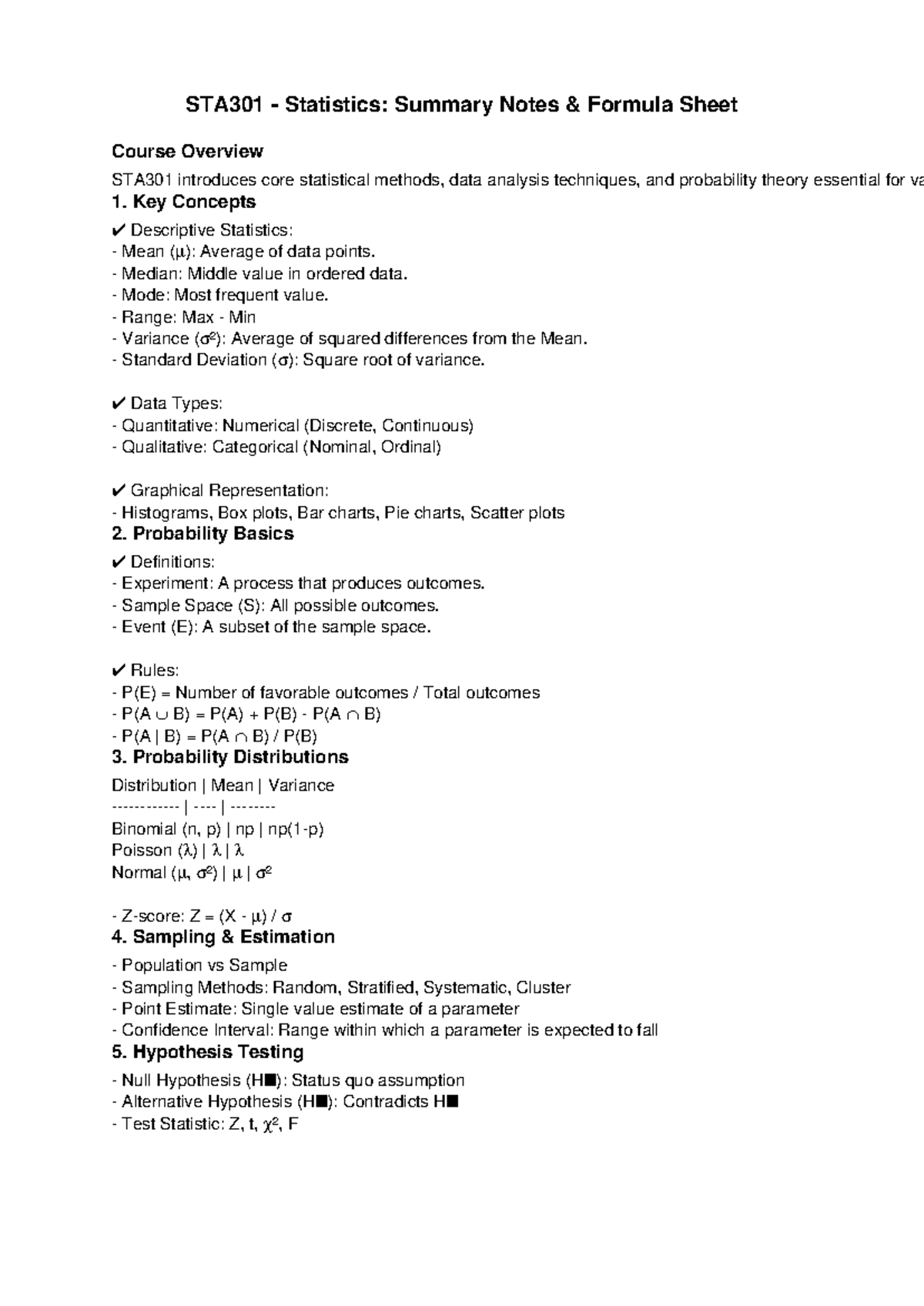 STA301 Statistics: Comprehensive Summary Notes & Formula Sheet - Studocu