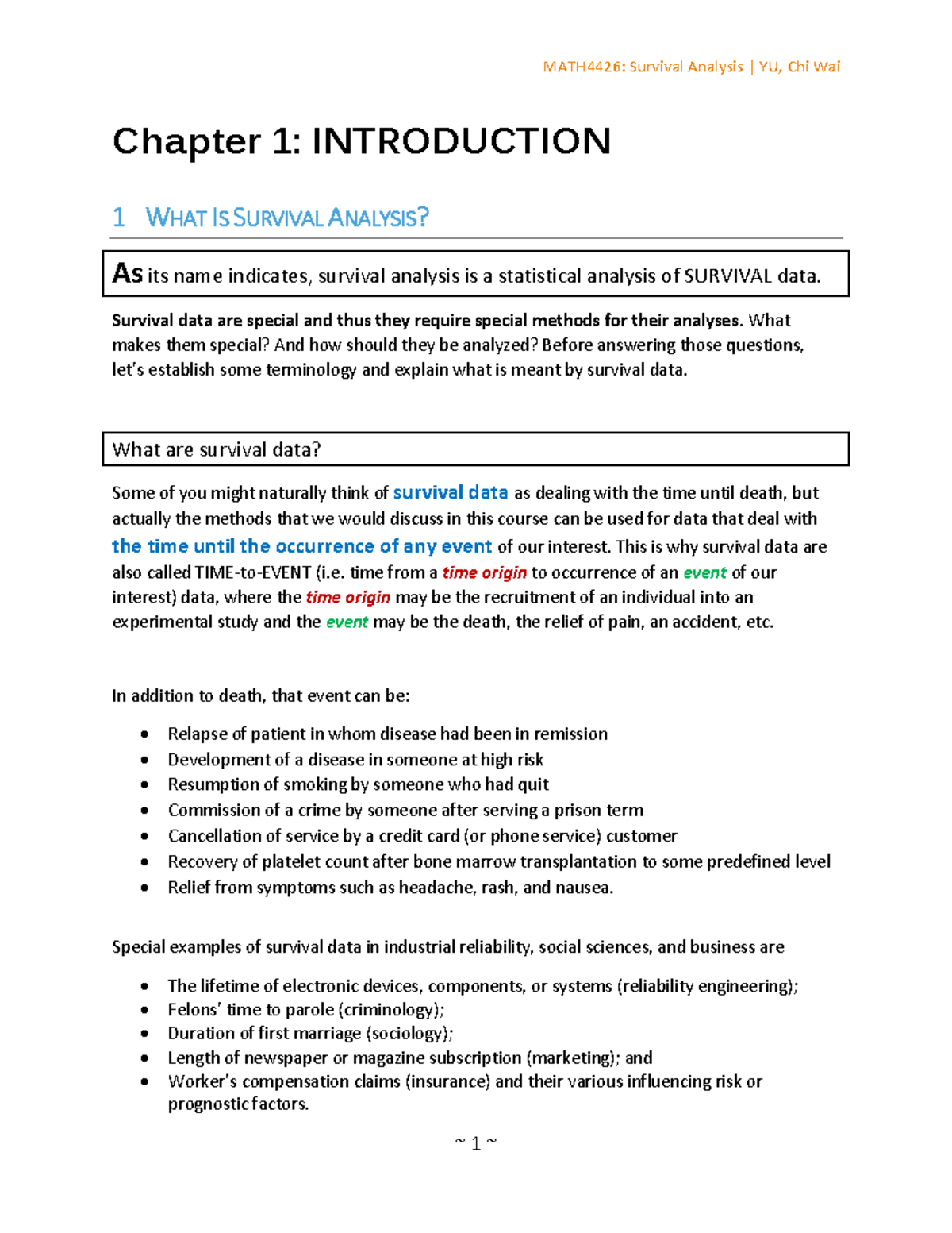SURVIVAL ANALYSIS: Lecture Notes on Chapter 1 Concepts and Methods ...