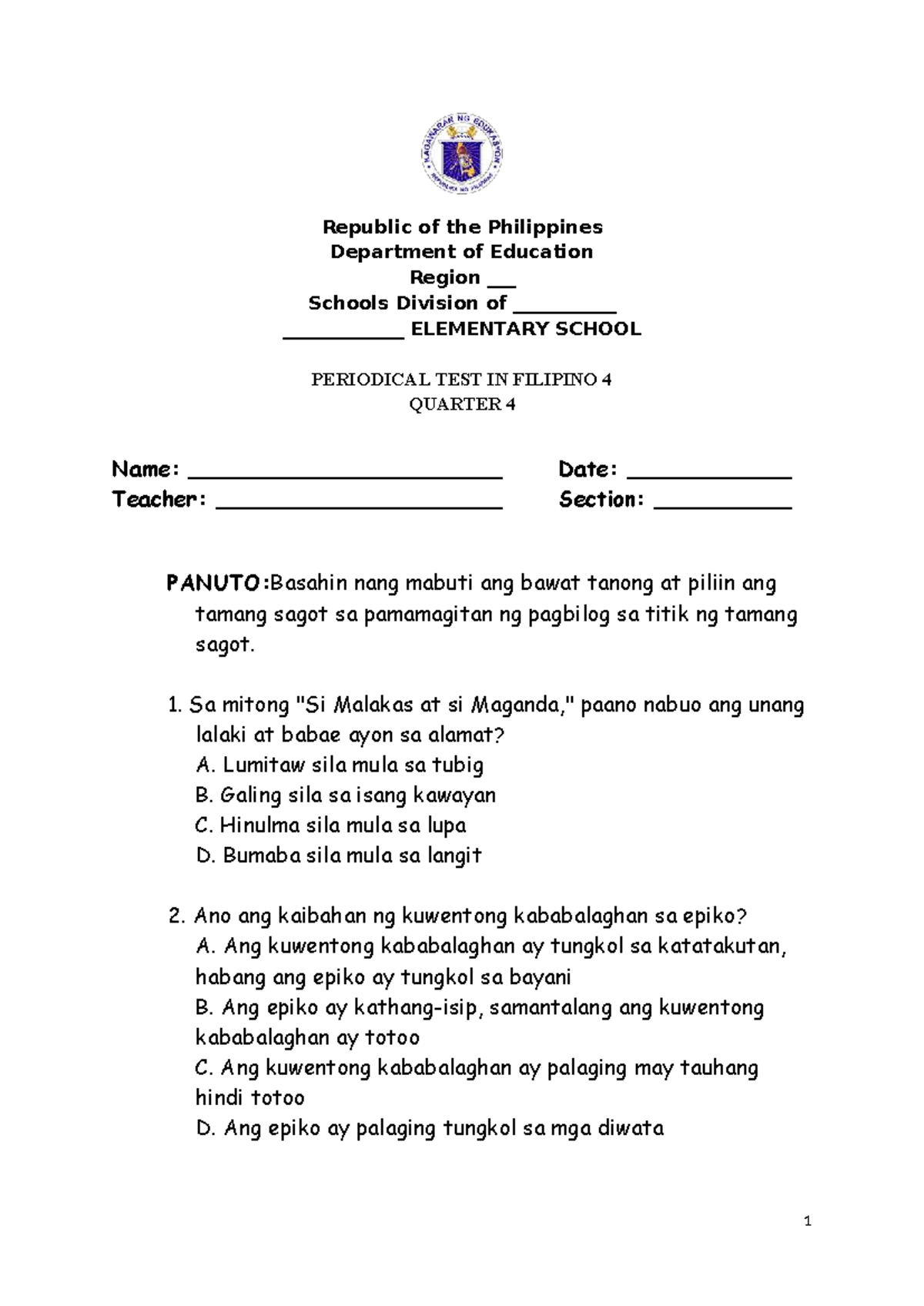 FIL 4 - Periodical Test in Filipino for Grade 4, Quarter 4 - Studocu