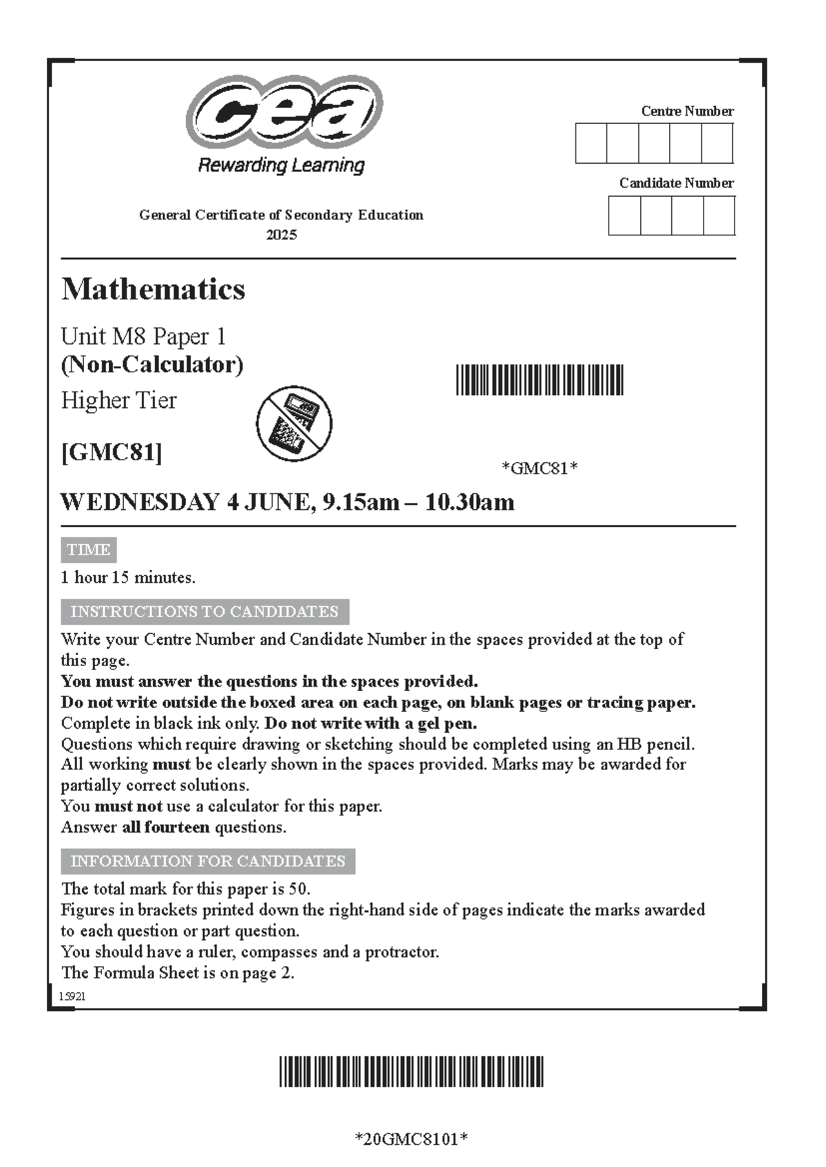 GCSE Mathematics 504 - Summer 2025 - Higher Tier M8 Paper 1 (Non-Calc ...