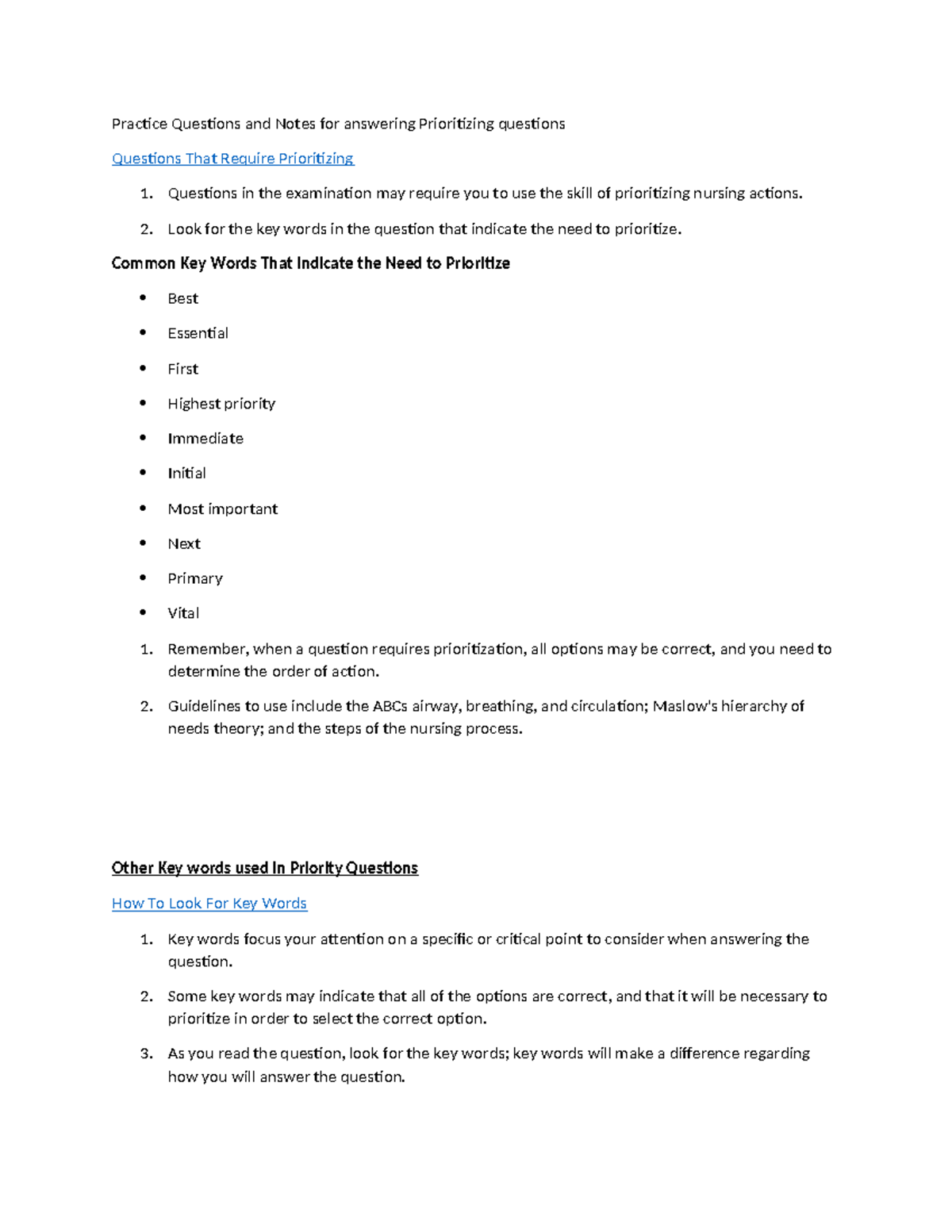 Maslow etc to answer questions of prioritizing - Practice Questions and ...