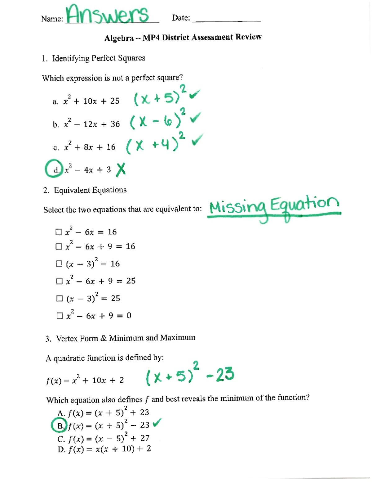 Quadratic Equations Assessment (Algebra MP 4) - Teacher Instructions ...