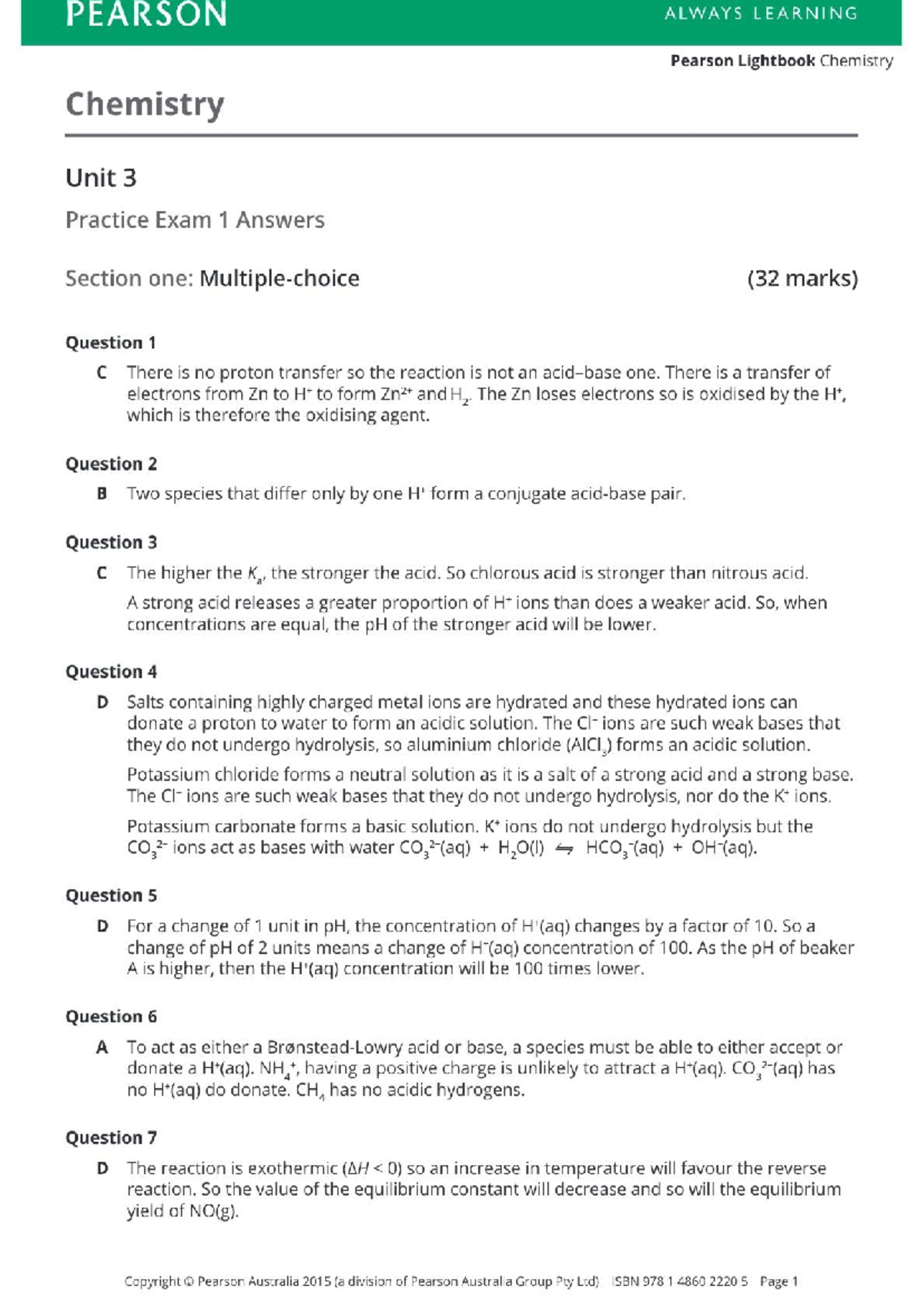 Chemistry Unit 3 Practice Exam 1 Solutions (Chem Exam 3 Sol) - Studocu