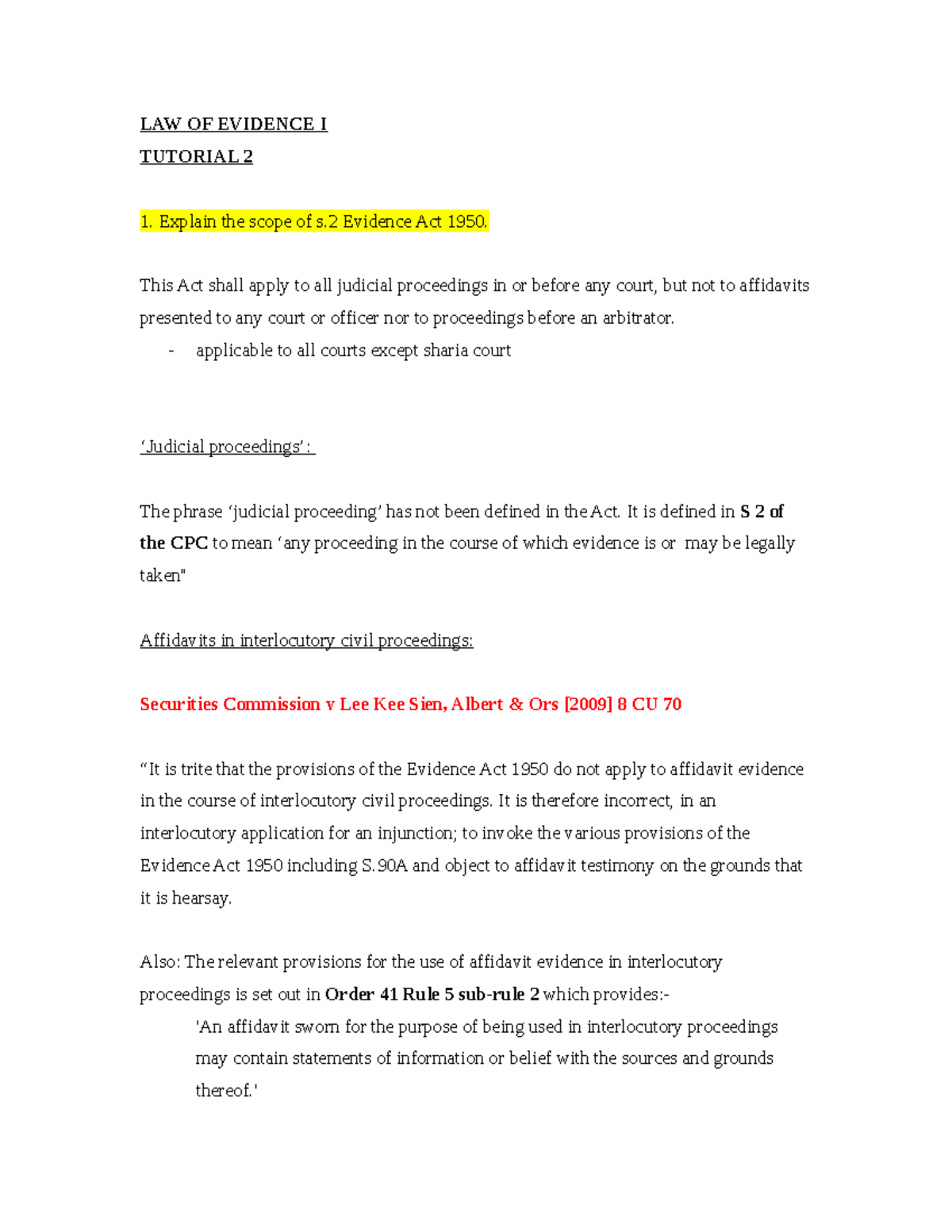 Tutorial 2 Questions - Law of Evidence I Examination Notes - Studocu