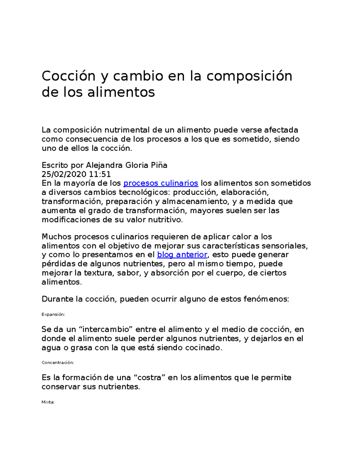 Cocción y su Impacto en la Composición Nutrimental de Alimentos - Studocu